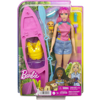 "Barbie camping kayak toy set with pink kayak, Daisy doll in pink top, denim shorts, and accessories."