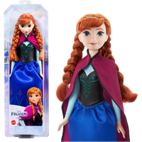 Mattel Disney Frozen Anna Doll with red braids, blue dress, black bodice, and magenta cape in clear packaging.