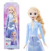 Elsa doll in blue dress with long blonde braid, packaged in purple-themed box with Frozen branding.
