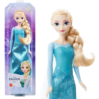 Mattel Disney Frozen Elsa posable fashion doll with long blonde braid, blue dress, and snowflake accents in packaging.