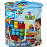 Blue bag of Mega Bloks with 60 colorful building pieces and a child playing on the packaging.