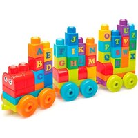 Colorful Mega Bloks Alphabet Set, 60 pieces, includes lettered blocks and wheels, forming a train with bright colors.