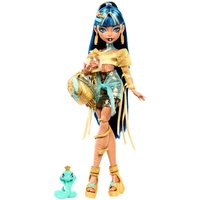 Cleo De Nile doll with gold top, turquoise skirt, gold sandals, blue-streaked hair, and a turquoise snake accessory.