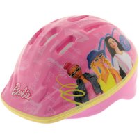 Pink Barbie safety helmet with character graphics, yellow trim, and ventilation holes.