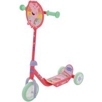 Pink Peppa Pig tri-scooter with green handles, three wheels, and Peppa Pig graphics on the front and footboard.