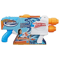 White and blue NERF Super Soaker Barracuda Water Blaster with dual orange nozzles and ergonomic grip.