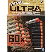 Nerf Ultra 60-Dart Refill Pack with black foam darts, orange tips, and gold accents in a branded box.