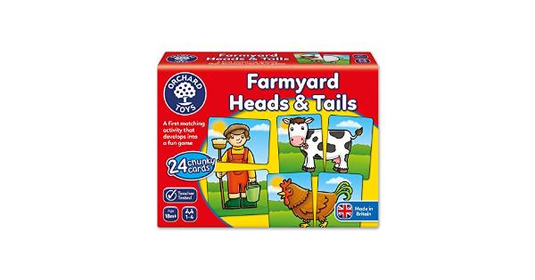 Brightly colored box featuring the "Farmyard Heads & Tails" game, showcasing cartoon animals and a child, with 24 chunky cards for matching activities.