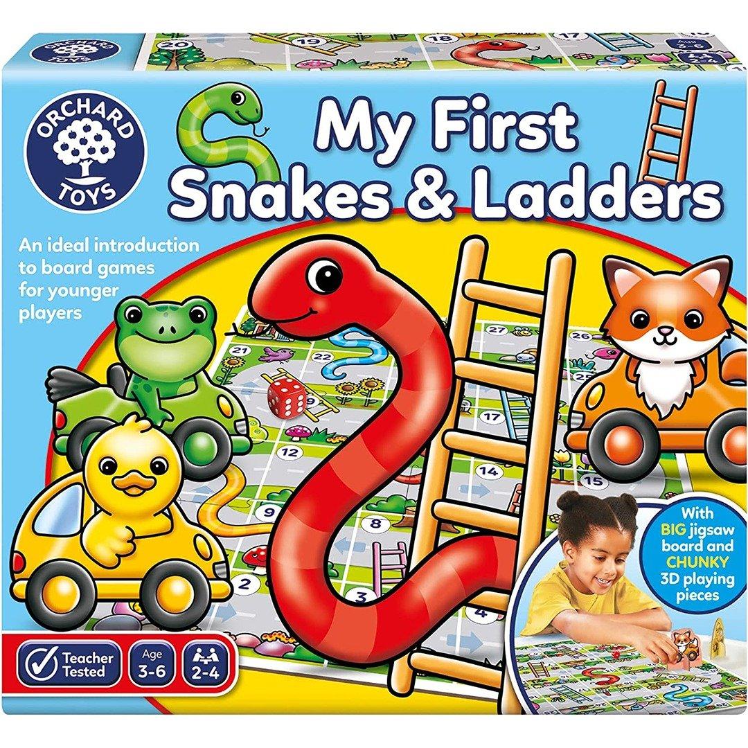 Brightly colored board game box featuring a large red snake, yellow duck, and orange fox, with chunky 3D playing pieces, designed for toddlers aged 3-6.