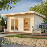 Palmako Heidi log cabin summerhouse, 4.1m x 3m, natural wood finish, large glass doors, flat roof, garden setting.