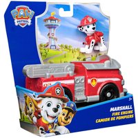 Red Paw Patrol Marshall fire truck toy with ladder and Dalmatian figure in firefighter gear.