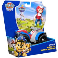 Paw Core Vehicles Ryder toy with red and blue ATV, featuring Ryder figure in red helmet and white shirt.