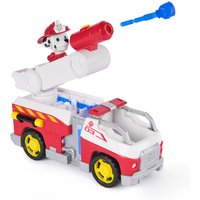 Red and white Paw Patrol fire engine toy with Marshall figure, extendable ladder, and water cannon accessory.