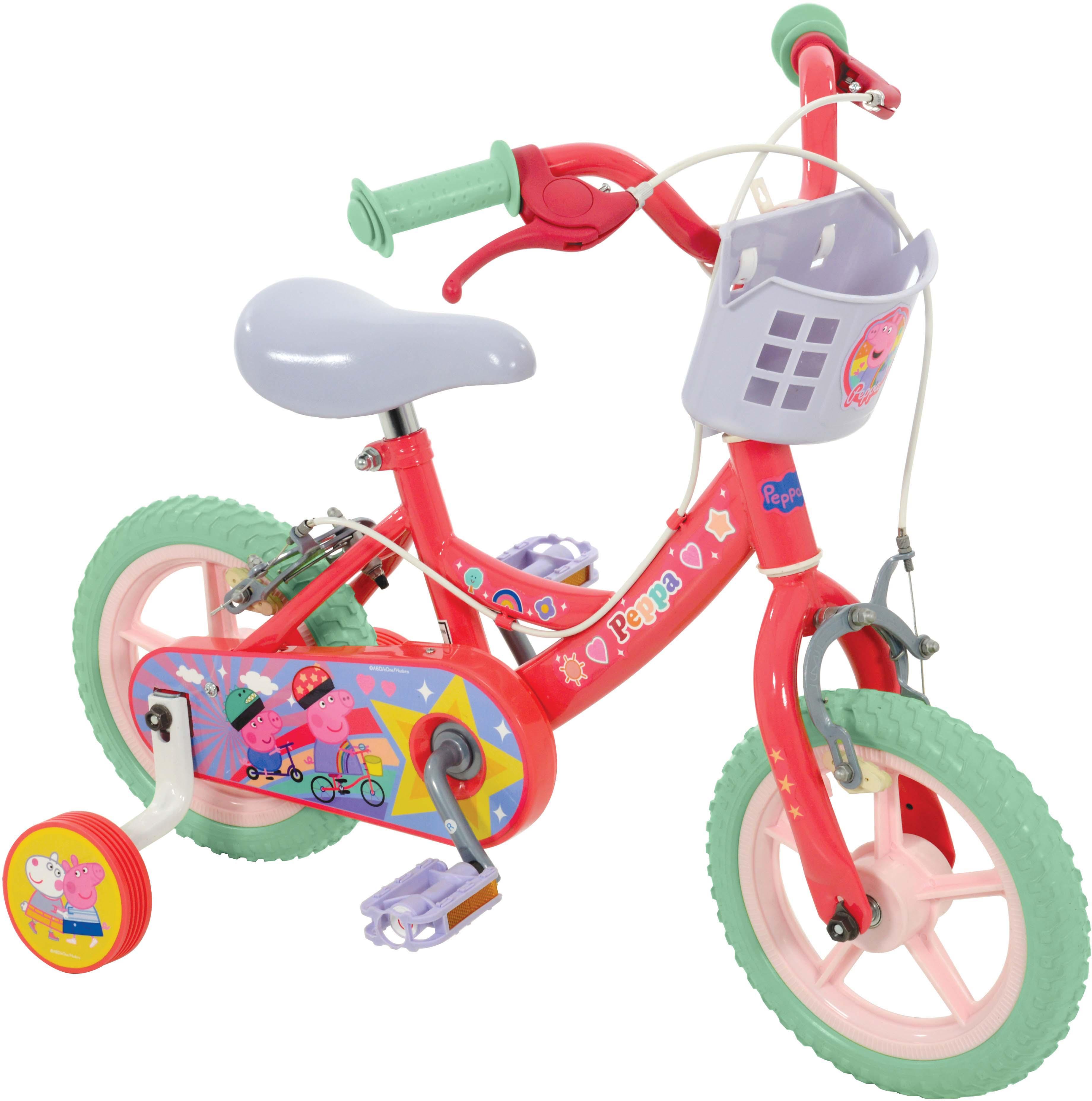 Red Peppa Pig kids bike with 12-inch wheels, training wheels, basket, and colorful character decals.