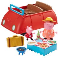 Red toy car with blue handle, includes Peppa Pig figures, picnic table, suitcase, grill, and accessories.