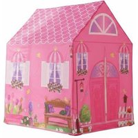 Pink Princess Castle Play Tent with white windows, floral designs, and a shingled roof pattern for imaginative play.