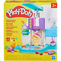 Play-Doh Rainbow Swirl Ice Cream Playset with colorful molds, cones, and a swirl maker, suitable for ages 3+.