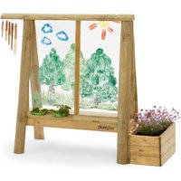 Wooden Plum Discovery Create & Paint Easel with clear painting screen, attached planter box, and bamboo wind chimes.