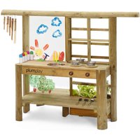 Wooden Plum Discovery Mud Pie Kitchen with hanging utensils, chalkboard, and built-in planters.