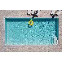 "Digital murder mystery pack cover featuring a swimming pool with a yellow inflatable ring and poolside chairs"