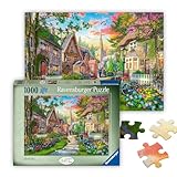 Ravensburger 1000 piece jigsaw puzzle featuring a colorful village scene with church, cottages, and gardens.