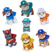 "Rubble & Crew Construction Family Gift Pack with seven colorful dog figurines in construction outfits and hats"
