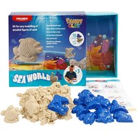 "Sandy Clay Magic Sand Sea World kit with beige sand, blue sea creature molds, and colorful packaging"