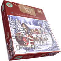 "Santa's Visit 1000 piece jigsaw puzzle, snowy cottage scene with Santa, sleigh, and reindeer, red box packaging"