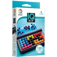 Smart Games IQ Fit puzzle game with colorful 3D pieces in a compact black case, packaging shows 120 challenges.