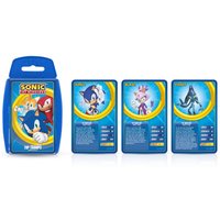 Sonic Top Trumps card game with blue case, featuring Sonic and characters on colorful cards.