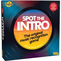 "Spot The Intro Music Game box with colorful vinyl record design and bold white and yellow text"