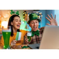 St Patrick's Virtual Murder Mystery Game with festive green hats, shamrock headbands, and themed drinks.