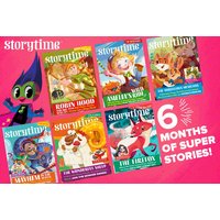 Storytime Magazine 6-month subscription pack with colorful illustrated covers and a cartoon character on a pink background.