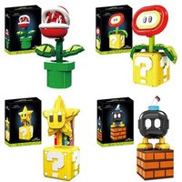 Super Mario Bros building block set with Piranha Plant, Fire Flower, Super Star, and Bob-omb characters on question blocks.