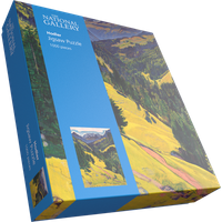 Blue box of 1000 piece jigsaw puzzle featuring Kien Valley and Bluemlisalp Massif artwork from the National Gallery.