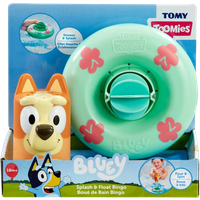 Tomy Toomies Bluey Splash & Float Bingo Bath Toy with orange Bingo figure and green float with pink flowers.