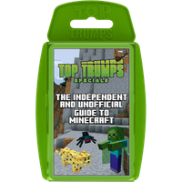 Green Top Trumps case with Minecraft card game guide featuring blocky characters and pixelated landscape.