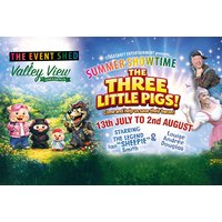 Valley View Adventure Park poster with cartoon pigs, wolf, and show dates July 13th to August 2nd.