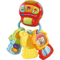 VTech Baby Drive & Discover Musical Keys, red and yellow toy with colorful keys and buttons, shaped like a steering wheel.