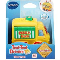 Yellow Vtech Toot Toot Drivers Pizza Truck toy with green and white striped roof and pizza graphics.