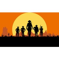 Wild West Digital Murder Mystery Pack cover with five silhouetted cowboys against an orange sunset background.