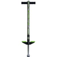 Green and black Xootz pogo stick with industrial design, black handles, and green footrests.