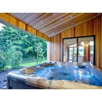 Wooden Willow Lodge with covered patio, hot tub, and garden view through large glass doors.