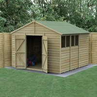 Wooden shed with double doors, apex roof, pressure-treated overlap panels, and windows, set on grass with a fence backdrop.