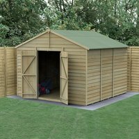 Wooden apex shed, 10'x10', windowless, double doors, overlap pressure-treated panels, green roof, surrounded by fencing.