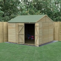 Wooden shed with reverse apex roof, double doors, windowless design, pressure-treated timber, surrounded by fencing.