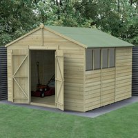 Wooden shed with double doors, shiplap cladding, apex roof, and windows, set on a grassy area with trees in the background.