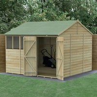 Wooden shed with double doors, reverse apex roof, shiplap cladding, and window, set in a garden with trees.