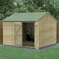 Wooden shiplap shed, 10'x10', pressure treated, windowless, double door, reverse apex roof, natural finish.