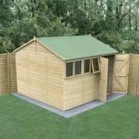 10' x 10' wooden shed with green roof, double doors, and windows, featuring tongue and groove panels, set on grass.